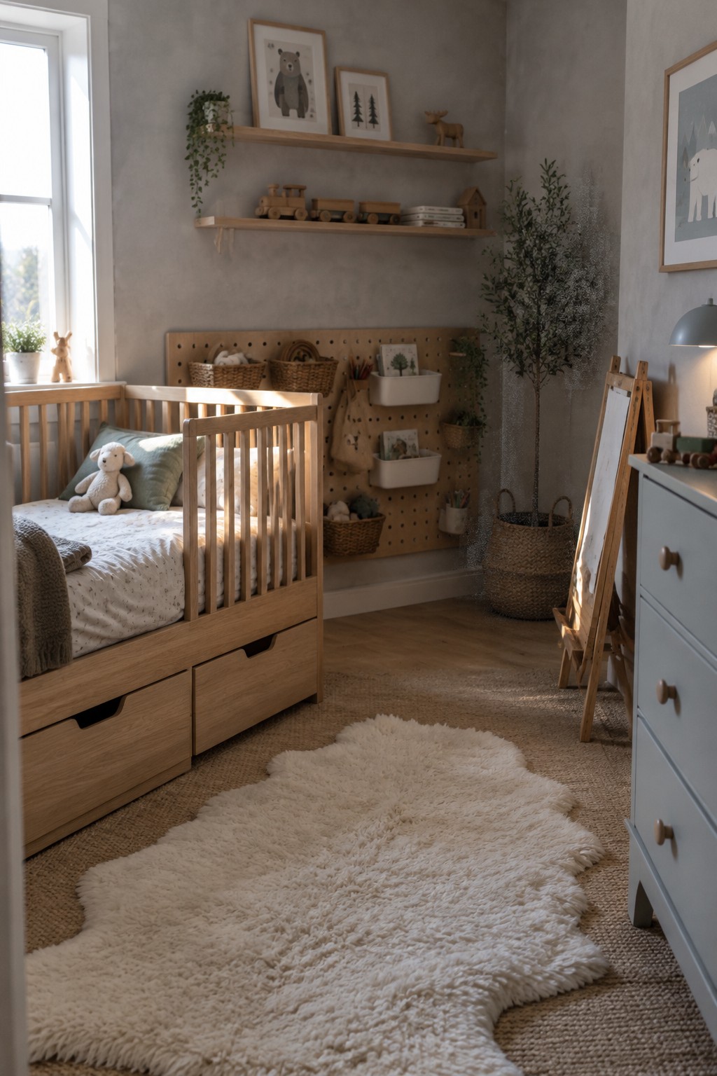 A wooden toddler bed with under-bed drawers sits in front of a pegboard wall fitted with woven baskets, fabric pouches, and small containers, with wooden shelves above and a white fluffy rug on the floor.