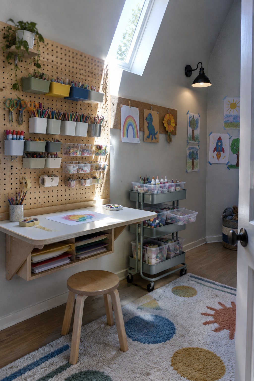 A children's craft room featuring a wall-mounted desk under a pegboard filled with art supplies, a wooden stool, a gray rolling cart with clear bins, and a colorful rug on the floor.