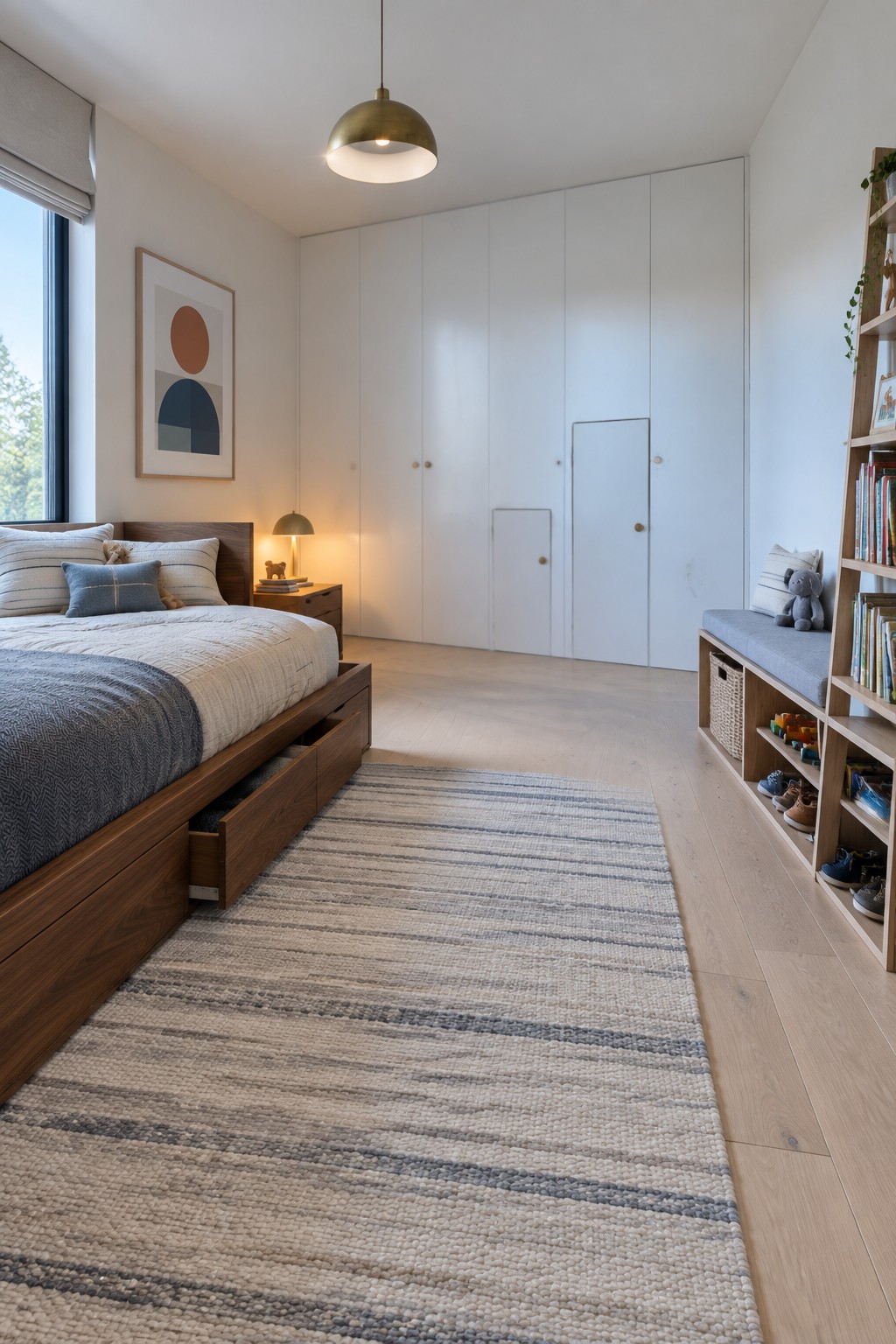 A kids bedroom with a wooden bed that has open under-bed storage drawers, a large white built-in wardrobe along the back wall, a striped rug, and light wood flooring.