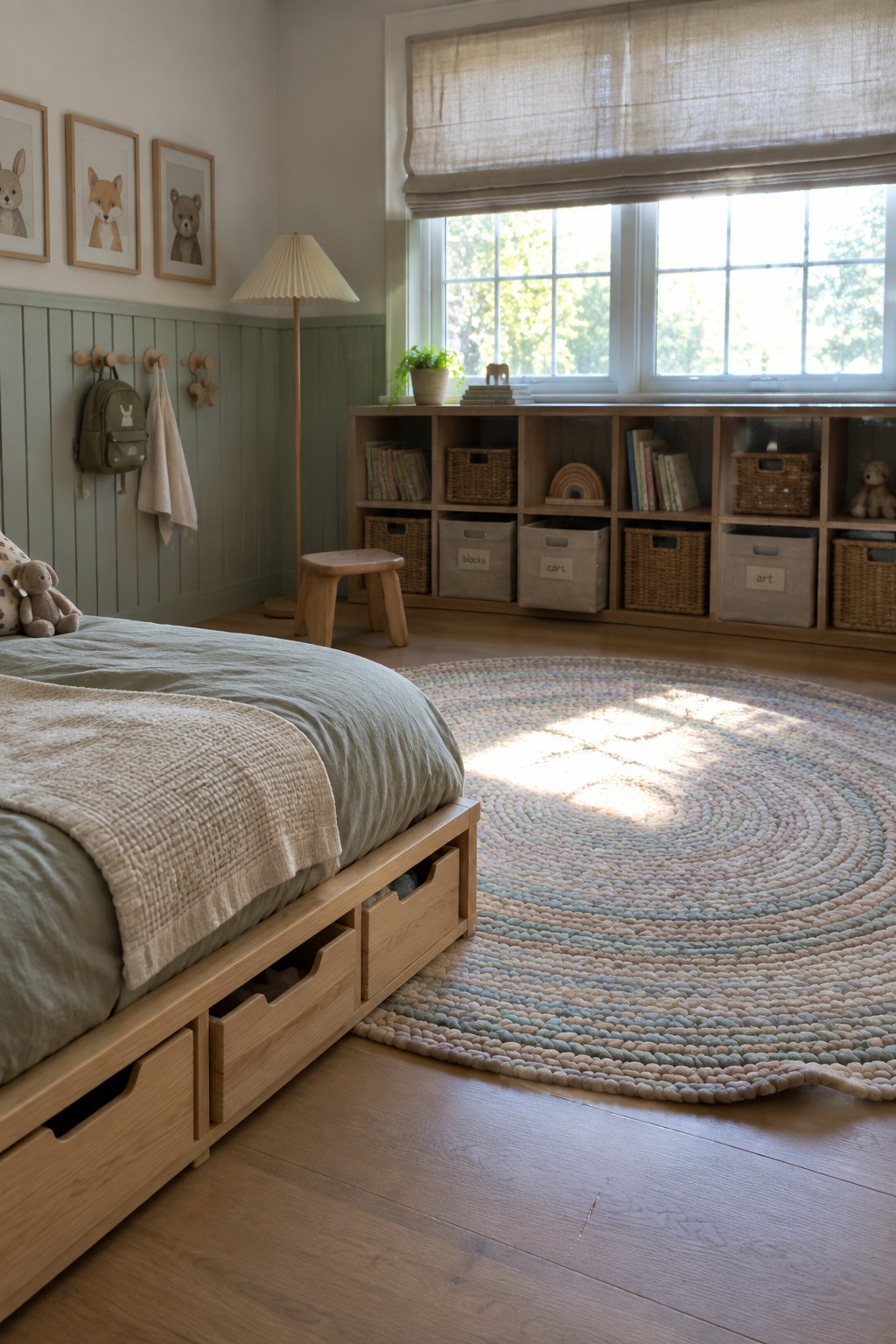 A child's bedroom with a low wooden bed that has under-bed storage drawers, a large round braided rug, and a long window bench with cubby storage filled with baskets and books.