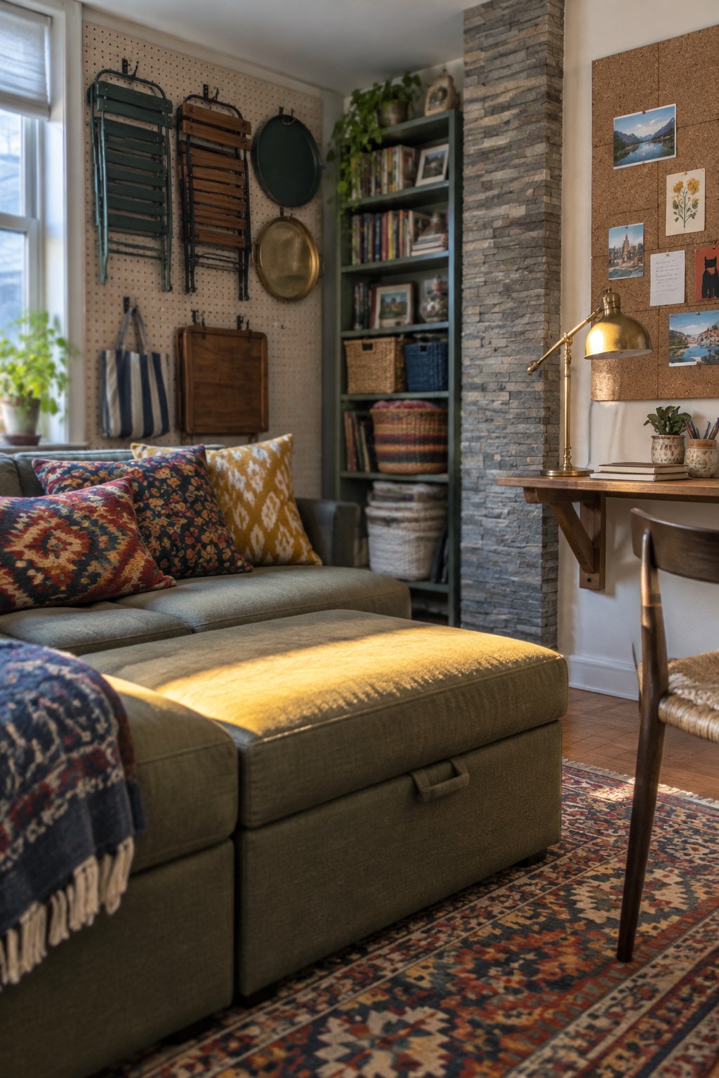 Cozy sunlit nook with green sofa, patterned pillows, ottoman, pegboard wall, and desk.