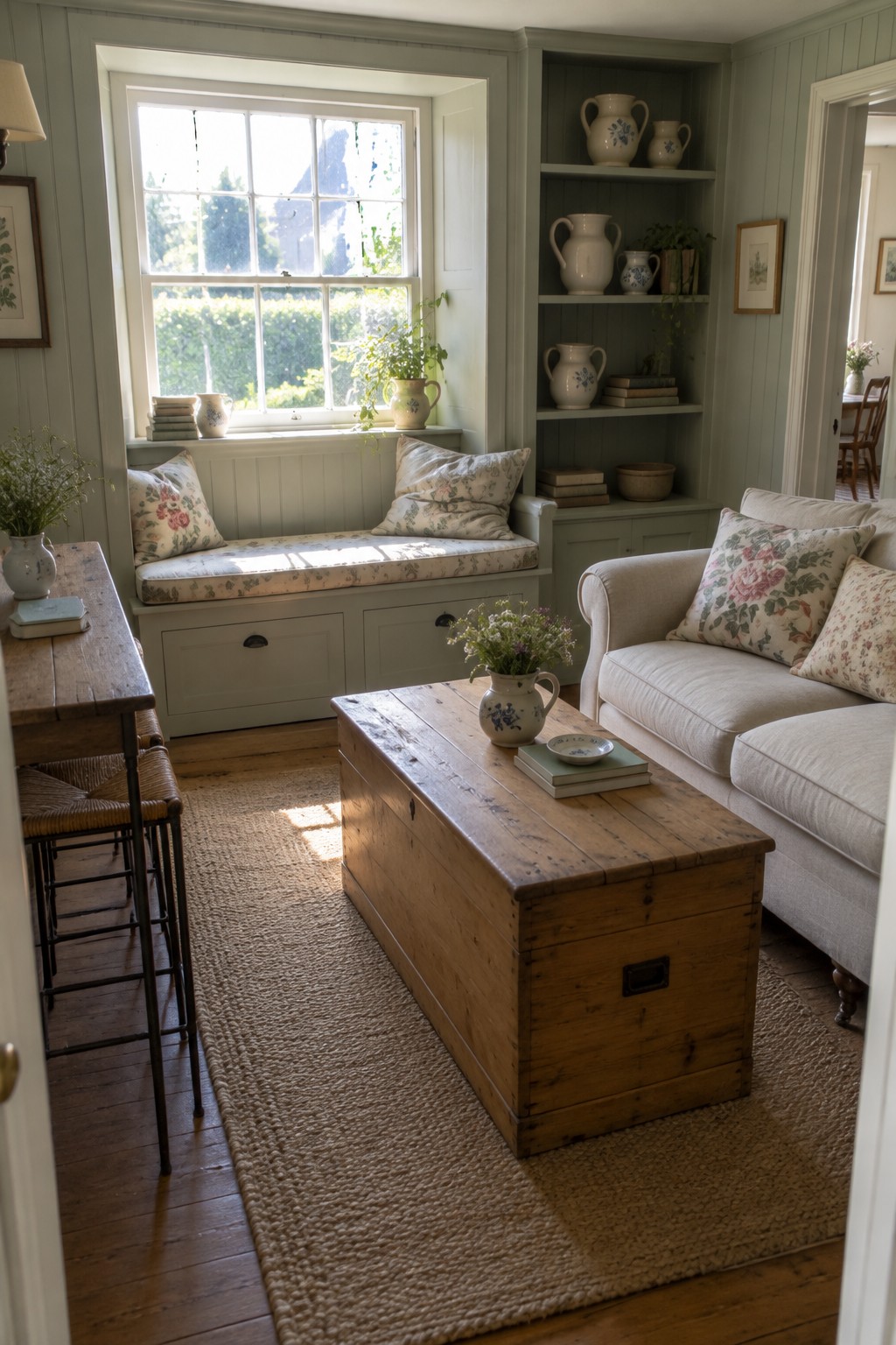 A small living room featuring a built-in window seat with floral cushions, a wooden trunk used as a coffee table, a light-colored sofa, and built-in shelves holding white pitchers and books.