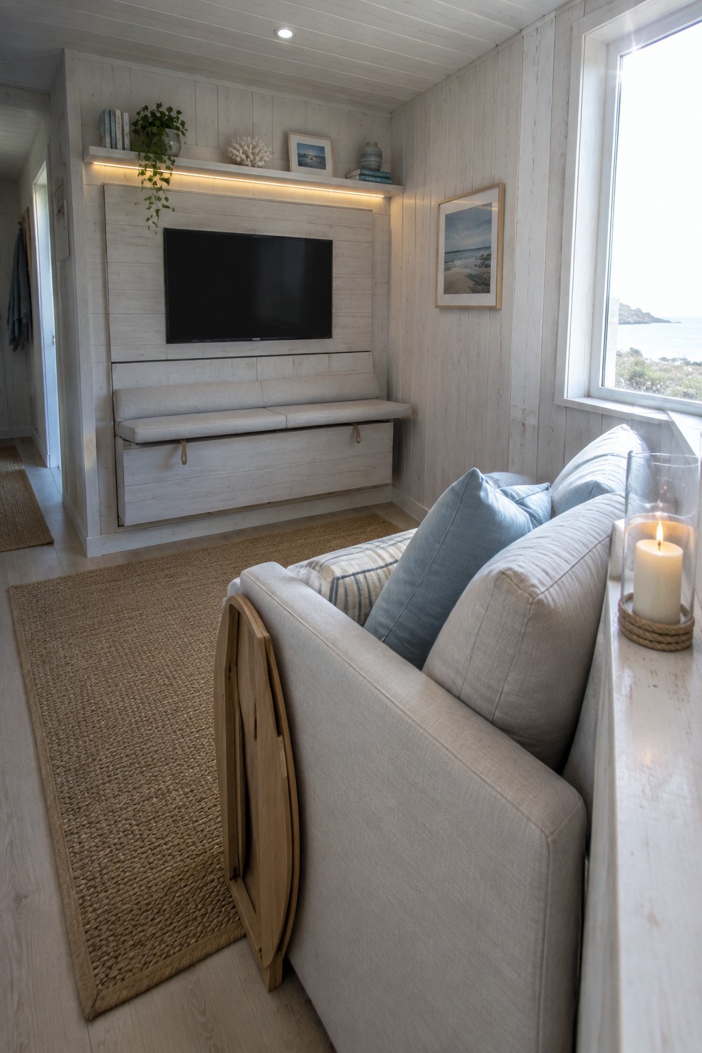 A small living room with a light gray sofa facing a built-in white wood TV unit that includes a storage bench, a woven rug on the floor, and a large window on the right.