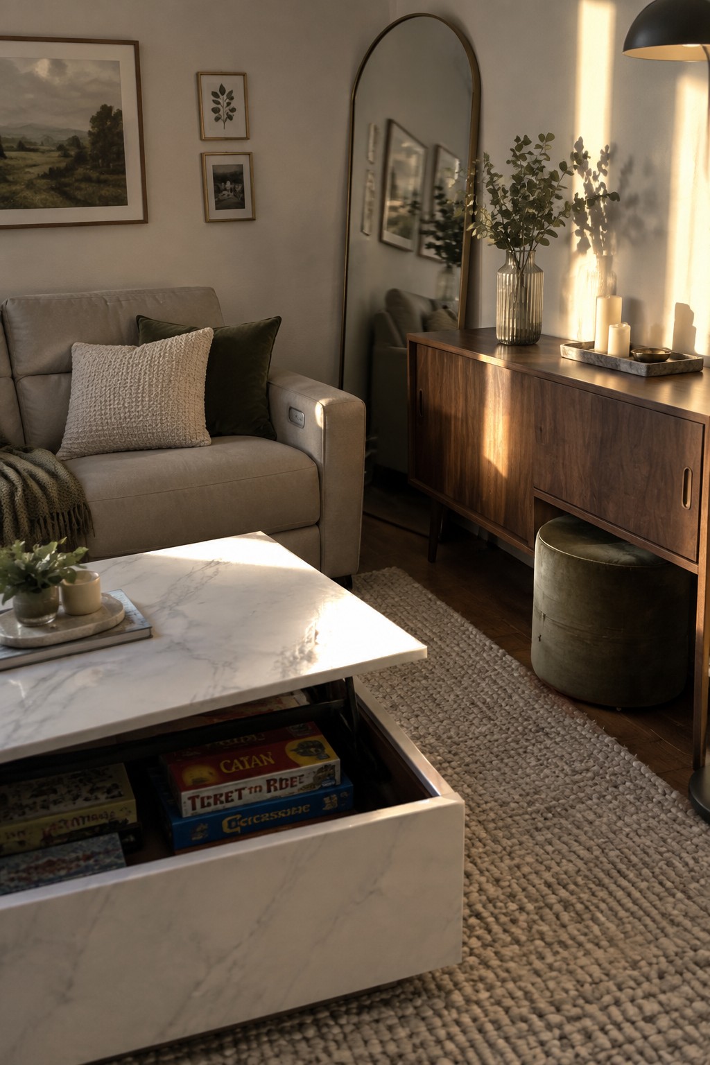 A living room scene showing a marble coffee table with an open drawer holding board games, next to a beige sofa and a wooden sideboard.