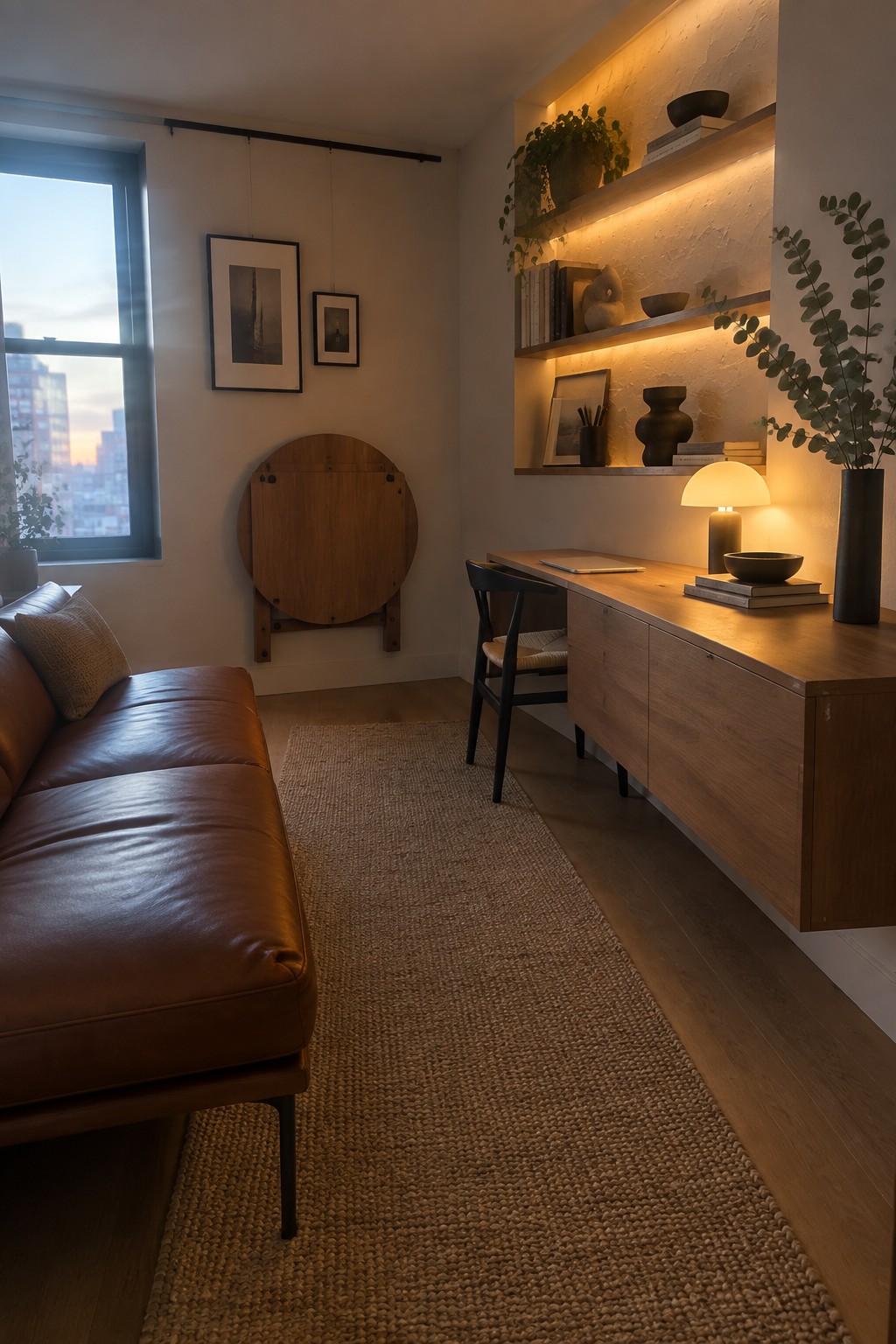 A small living room with a brown leather sofa on the left, a long floating wooden desk with illuminated built-in shelves above it, a black chair tucked under the desk, and a round wooden fold-down table mounted on the wall.