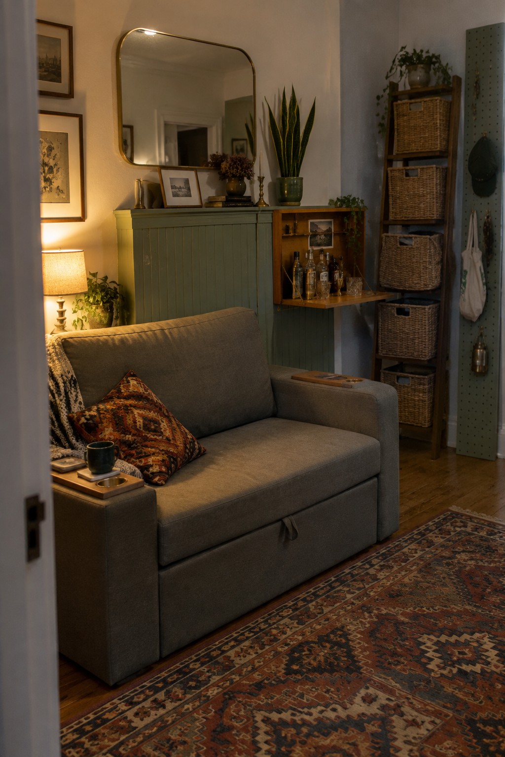 A small living room with a gray storage sofa, patterned pillow, wooden tray on the arm, drop-down bar cabinet, green wainscoting, wall mirror, and woven baskets on a wooden ladder shelf.