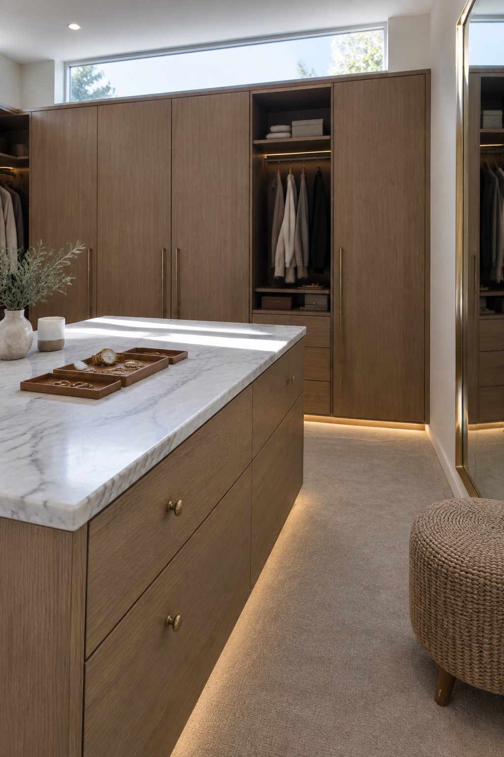 Modern walk-in closet with light wood cabinets, marble island, jewelry trays, and woven stool.