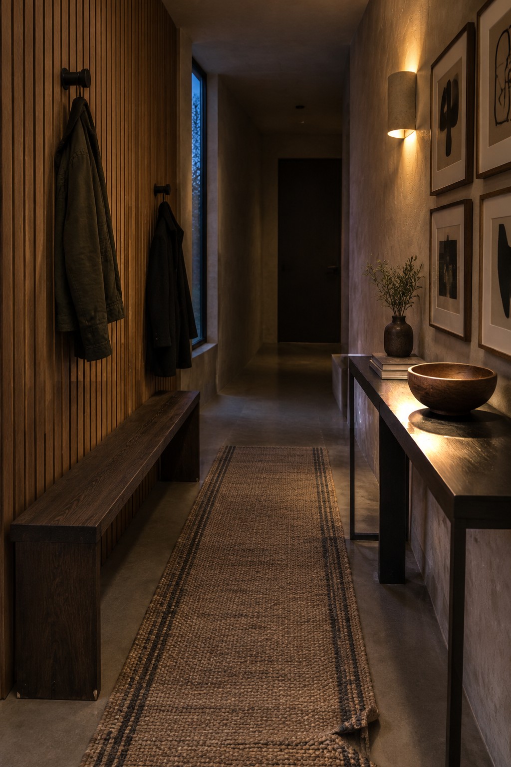 A narrow interior hallway features a long dark wood bench against a vertical wood slat wall with hanging coats, a woven runner rug on the floor, and a dark console table with a wooden bowl on the right side.