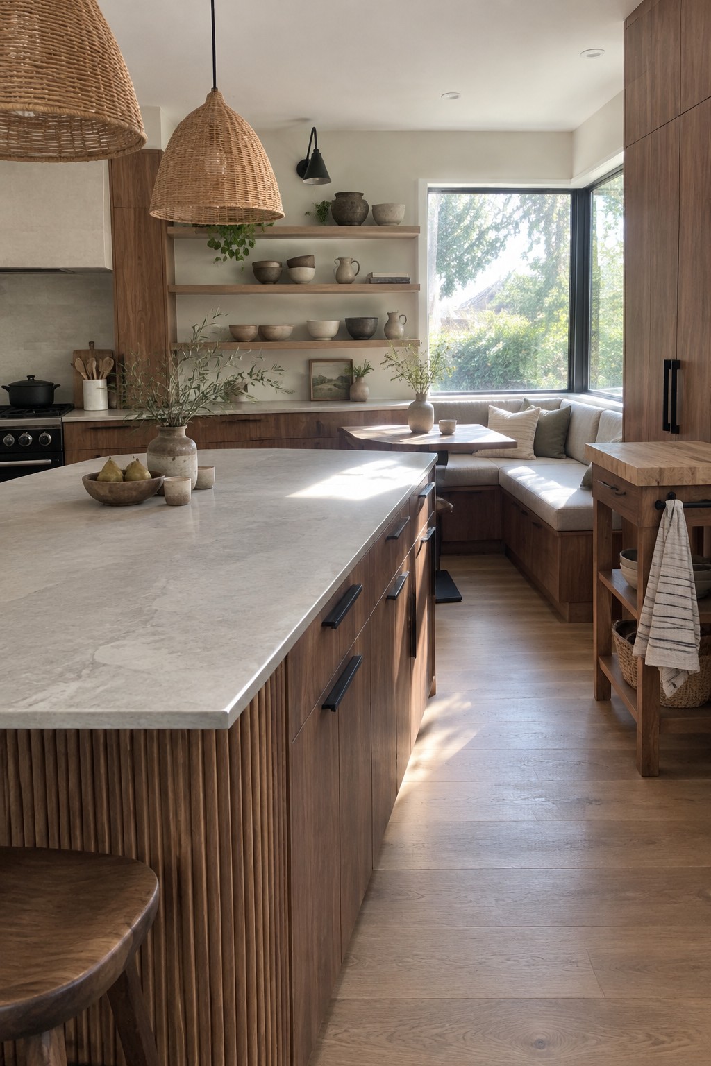 Modern kitchen with marble island, fluted wood base, woven pendants, open shelves, and window bench.