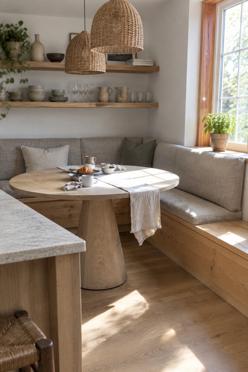 A round wooden dining table with a built-in gray fabric banquette in a sunlit corner, featuring woven pendant lights and floating wood shelves with ceramics.