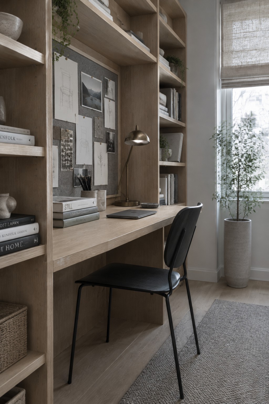 A light wood built-in desk and shelving unit with books, a laptop, desk lamp, and a gray pinboard holding sketches above the desk surface.