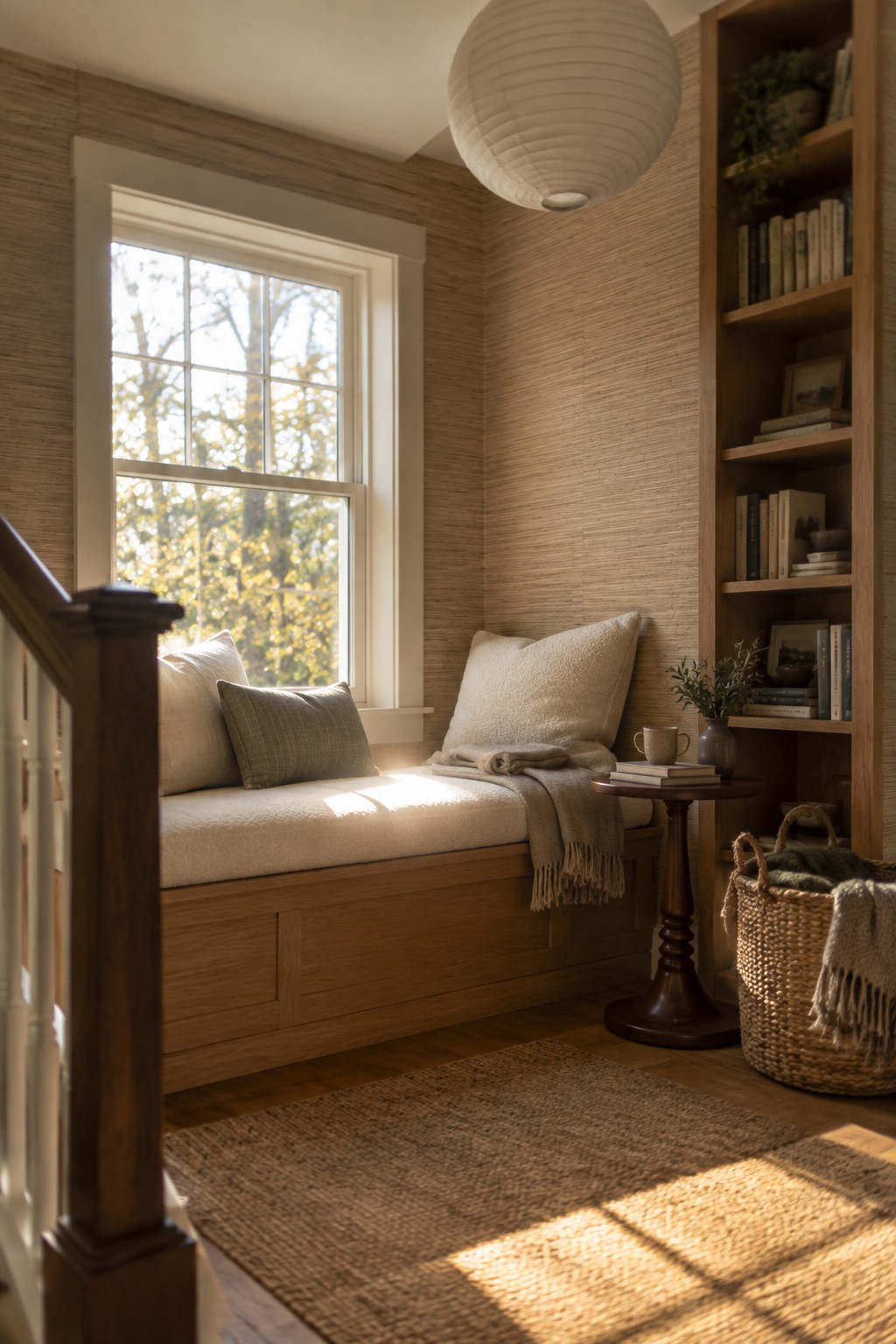 A wooden built-in window seat with white and gray cushions beneath a multi-pane window, next to a tall oak bookshelf and a woven jute rug on the floor.