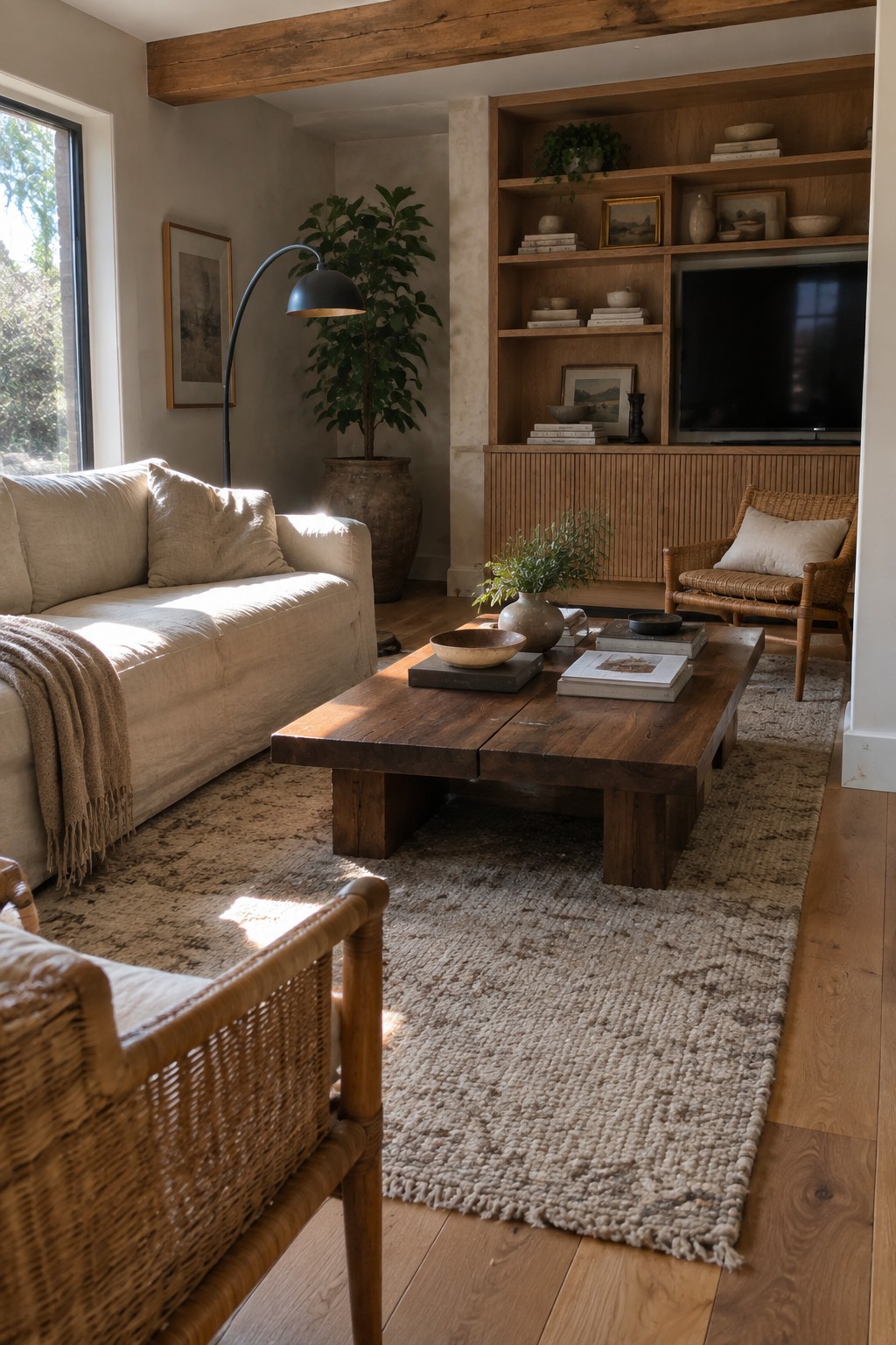 A living room featuring a large wooden built-in unit with shelves, a television, a rustic coffee table on a textured rug, and neutral upholstered and woven seating.
