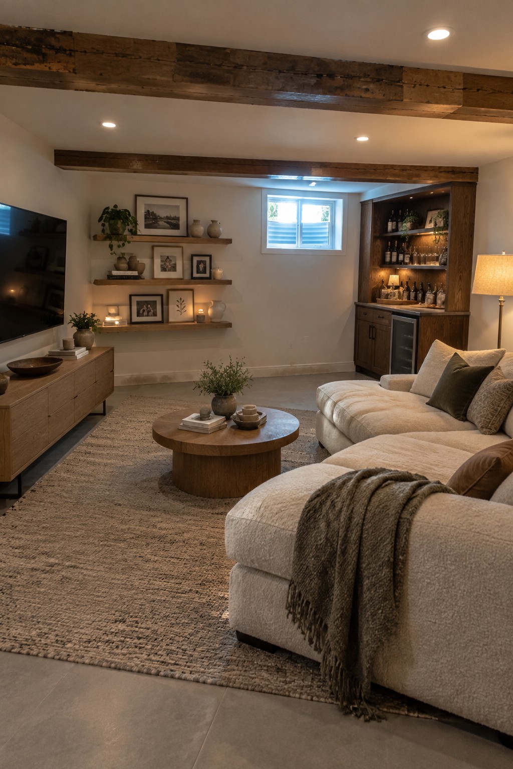 A living room interior showing exposed dark wood ceiling beams, floating wood shelves with framed art and plants, a built-in wood bar cabinet, a round wood coffee table on a large textured rug, and a light-colored sectional sofa with a throw blanket.