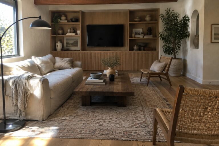 24 Stylish Whole-Home Interior Ideas Built Around Natural Wood and Layered Textures A living room featuring a large wooden built-in unit with shelves, a television, a rustic coffee table on a textured rug, and neutral upholstered and woven seating.