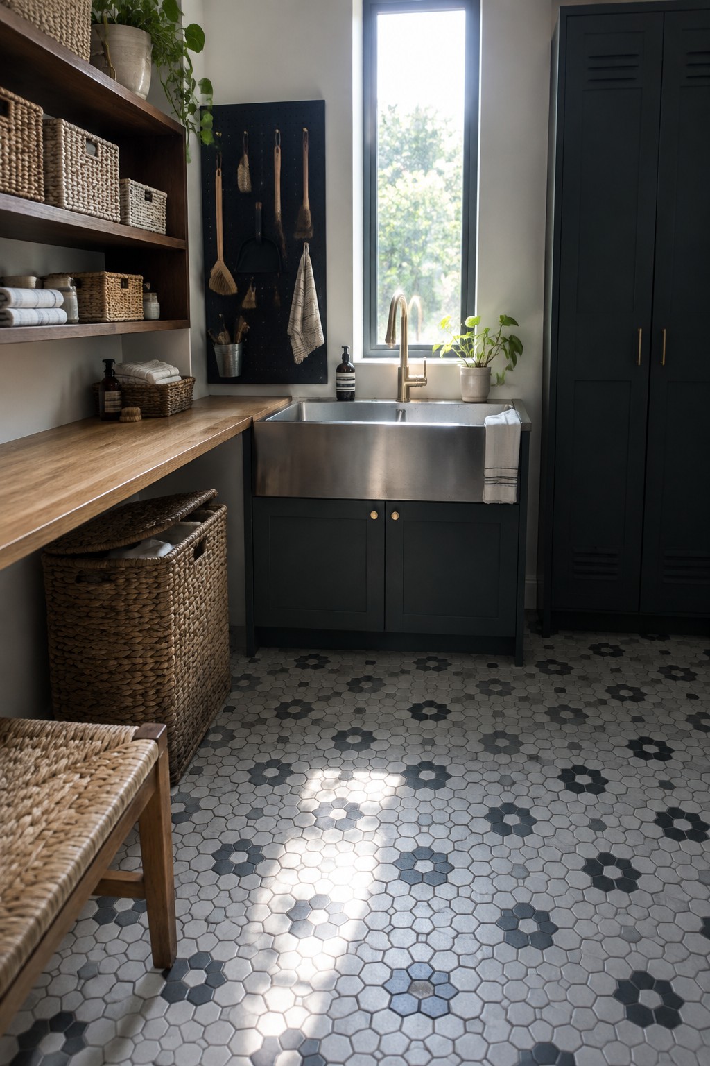 A utility room with a stainless steel sink under a window, dark green cabinets, wooden shelves holding woven baskets, a large woven laundry basket, and a hexagonal tile floor.