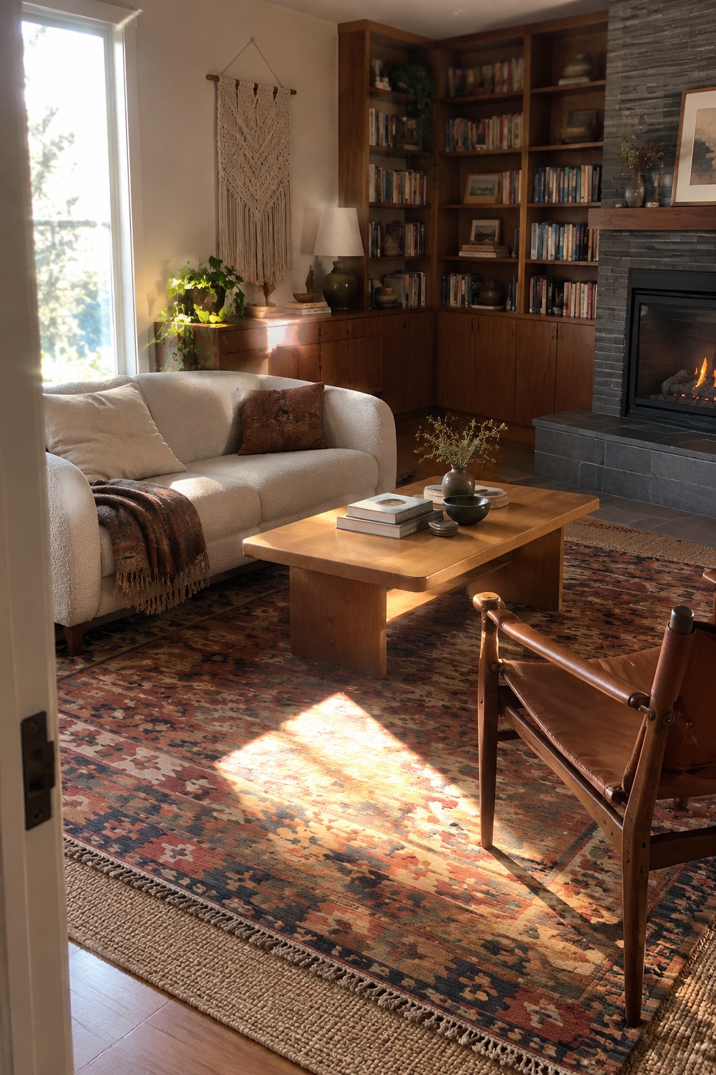 Cozy sunlit living room with white sofa, wooden table, patterned rug, and fireplace