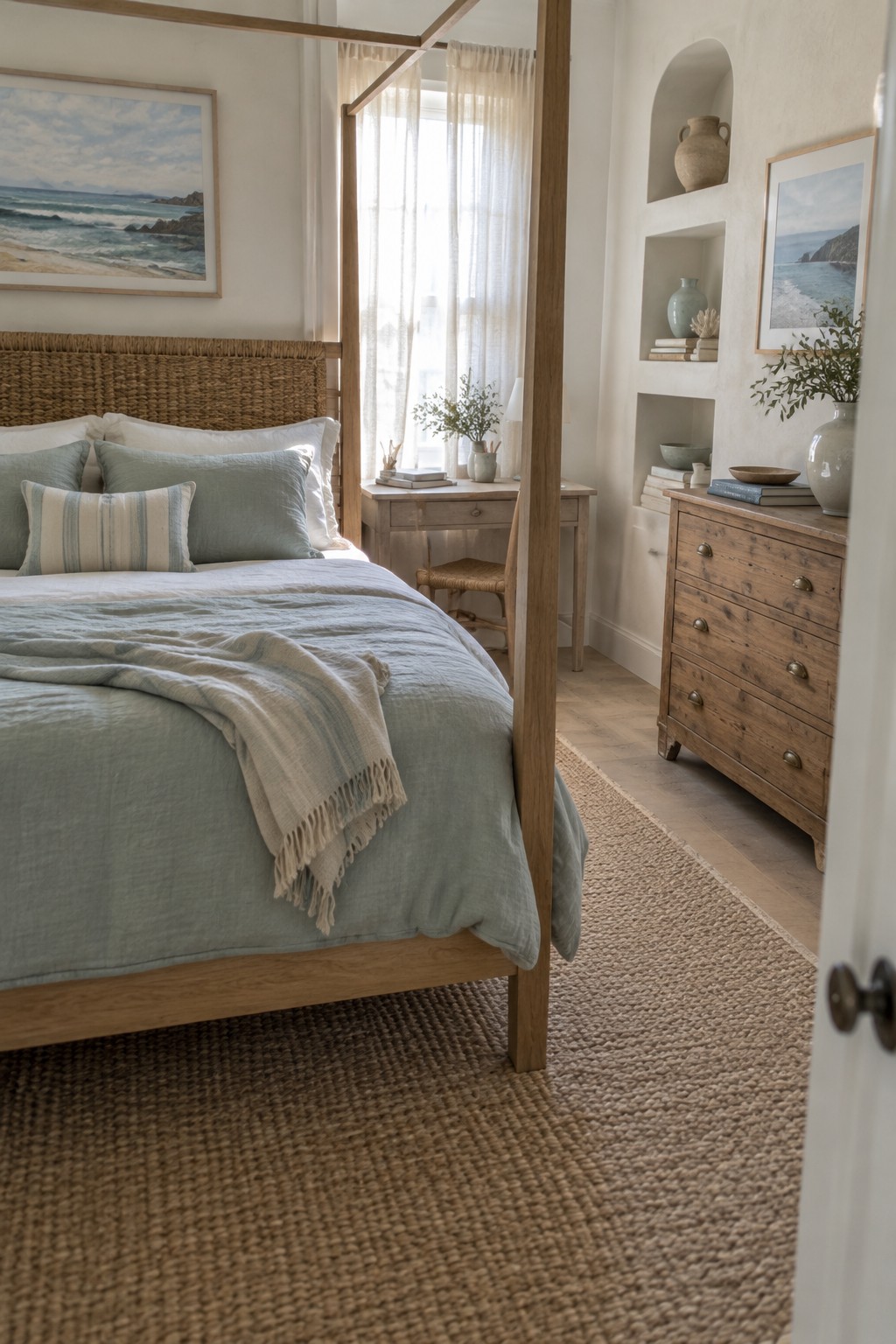 A bedroom with a wooden four-poster bed in light blue linens, a woven jute rug, and a wooden dresser next to built-in wall niches.