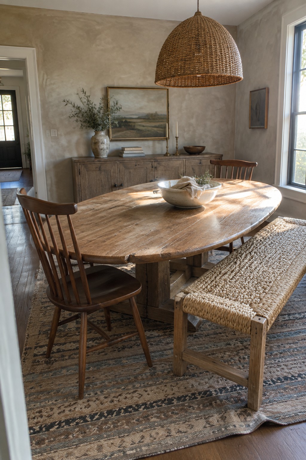 An oval wooden dining table with mixed wooden chairs and a woven bench sits under a large woven pendant light on a patterned rug in a room with a wooden sideboard.