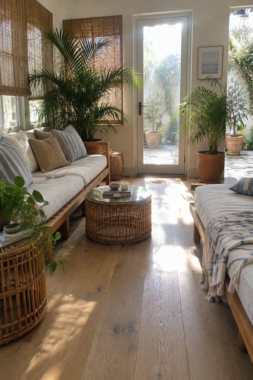 A bright living room with light wood flooring, a white sofa with striped and beige pillows, a round rattan coffee table, a wooden daybed, and several large potted palms.