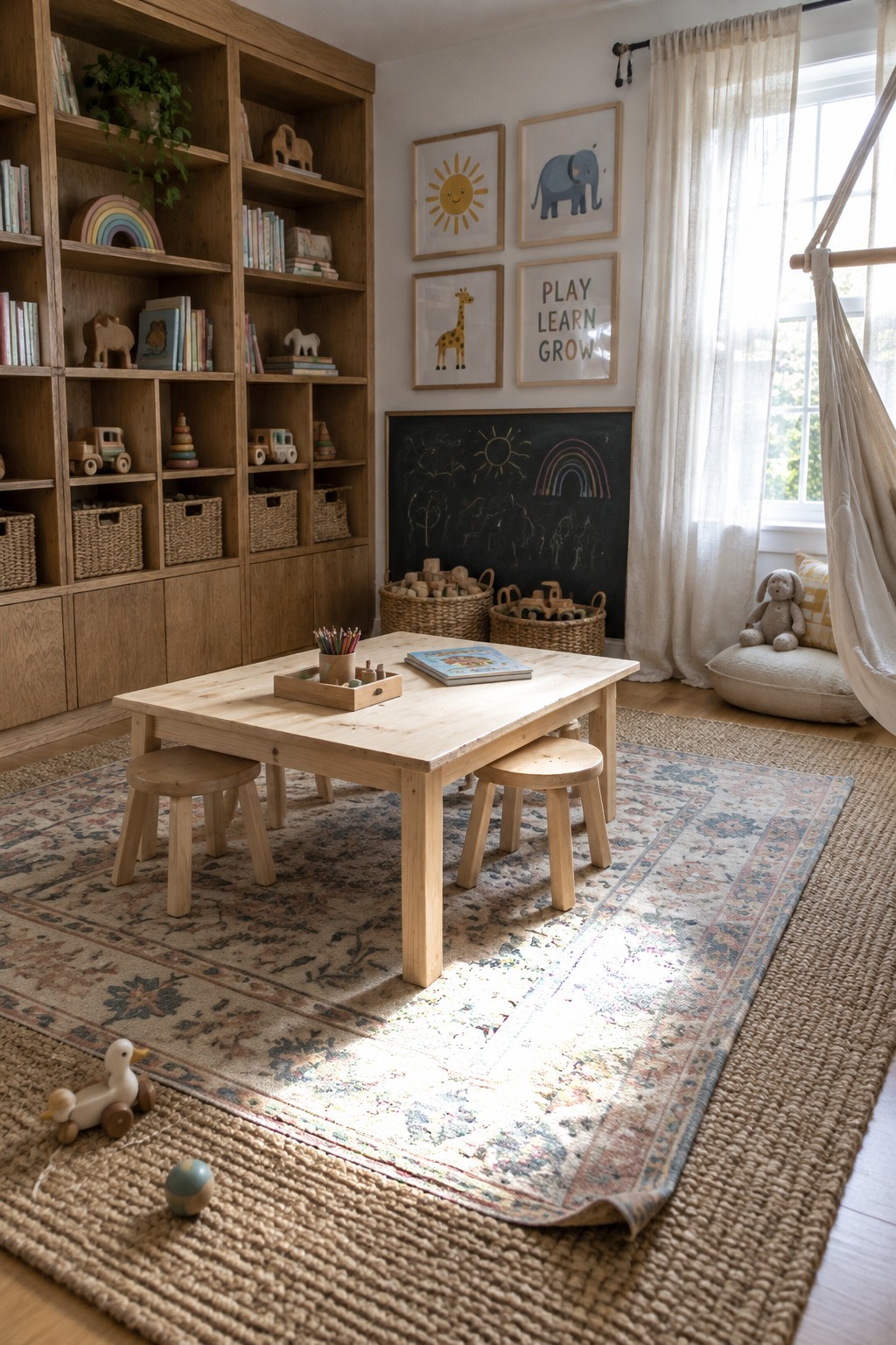 A children's playroom featuring light wood built-in shelving filled with books and toys, a wooden table with two stools on layered rugs, and a chalkboard wall with framed prints above.