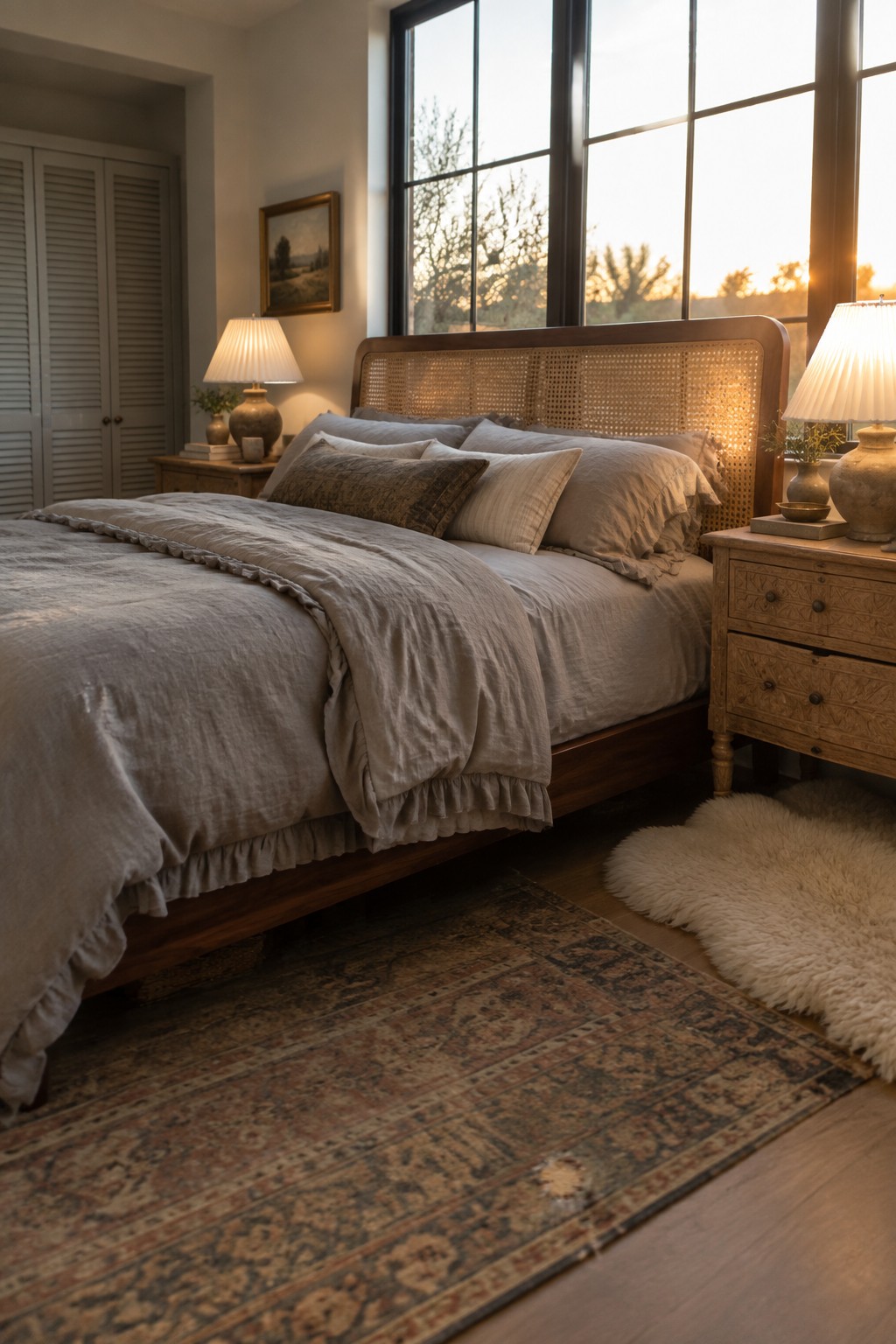 A bedroom featuring a wooden bed with cane headboard, layered neutral linens, wooden nightstands, a patterned area rug, and a sheepskin rug on hardwood floors beside large windows.