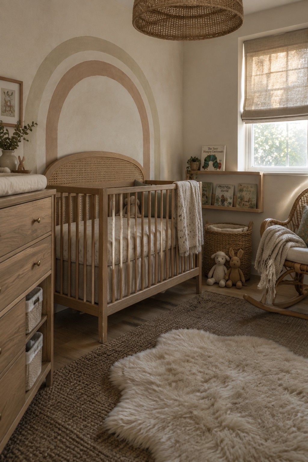 A nursery interior with a light wood crib featuring a cane panel headboard, a matching wood dresser on the left, a wicker rocking chair on the right, layered rugs including a large jute rug and a white fluffy sheepskin, and a woven pendant light overhead.