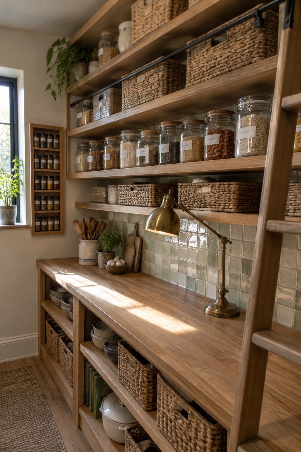 Rustic wooden pantry with labeled jars, woven baskets, green tiles, and brass lamp