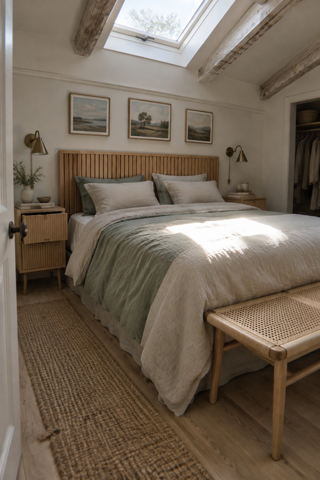 Sunlit rustic bedroom with wooden bed, sage green linens, skylight, and woven bench