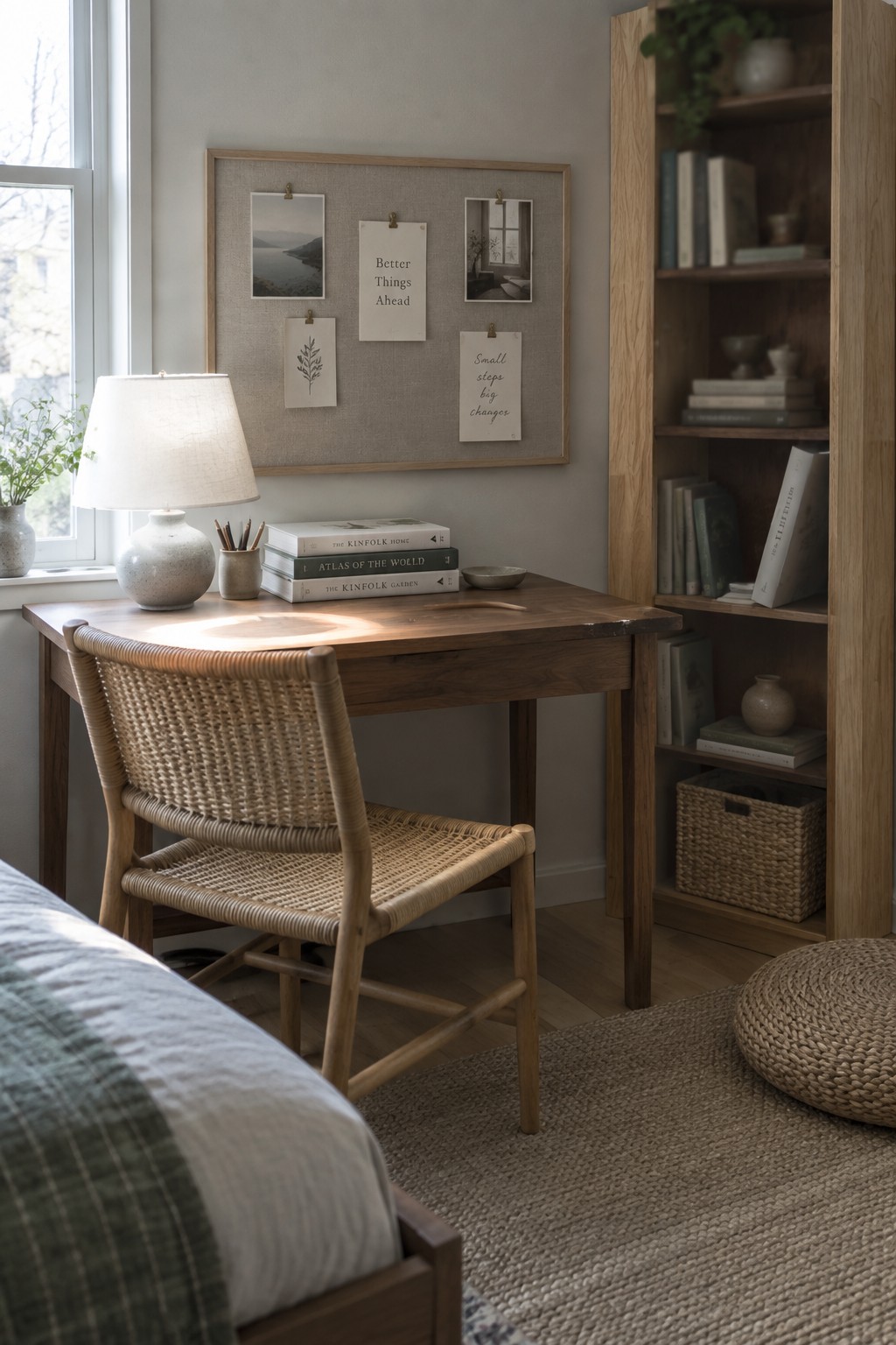 A wooden desk with a woven chair in front of a pinboard on a light wall, next to a tall wooden bookshelf.