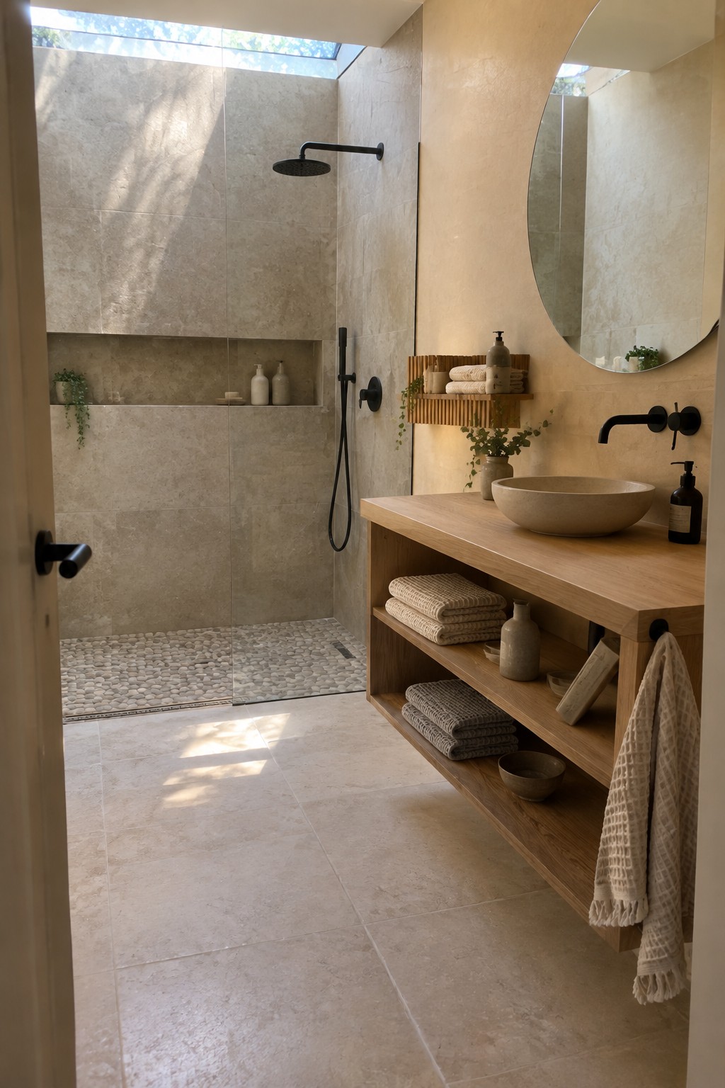 Modern beige bathroom with open pebble shower, floating wooden vanity, stone sink, round mirror.