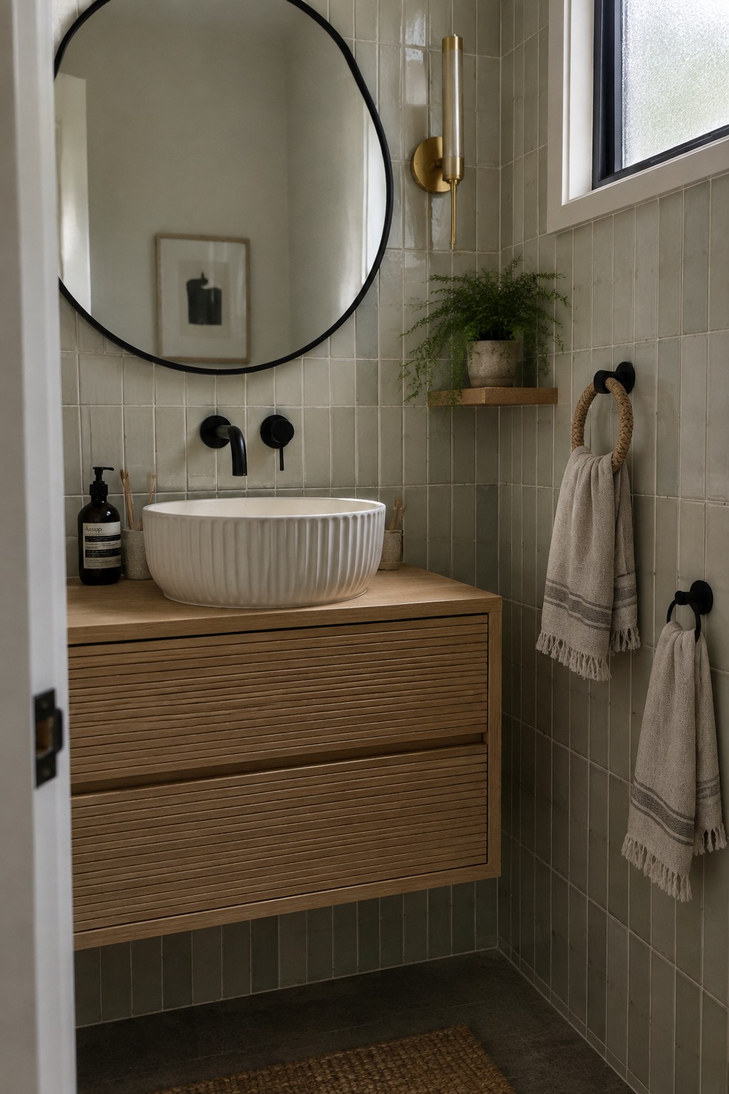 A bathroom interior showing a floating light wood vanity with ribbed drawers, a white fluted vessel sink, black wall-mounted faucet, round mirror, and light green tiled walls.