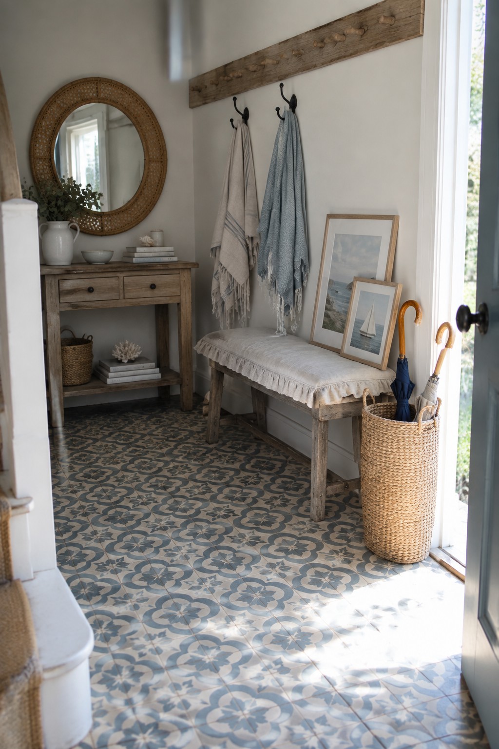 An interior entryway with patterned tile floor, wooden peg rail holding textiles, cushioned bench, console table with round mirror, and woven basket holding umbrellas.
