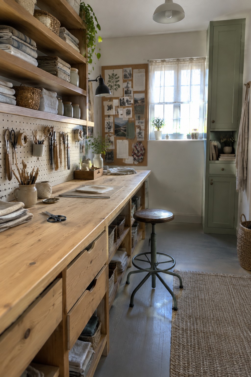 A bright craft room with a long wooden workbench, pegboard wall holding tools, open wooden shelves with folded textiles and baskets, a metal stool, and a window with sheer curtains.
