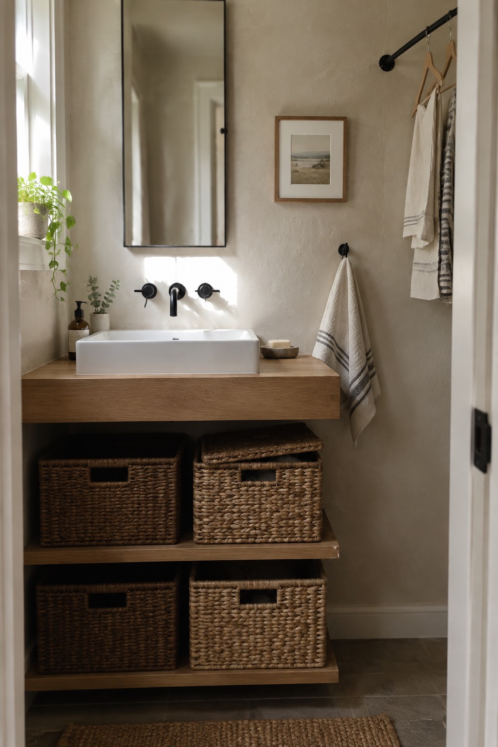 A bathroom with a floating wooden vanity, white rectangular sink, black wall-mounted faucet, and four woven baskets stored on two open shelves below.