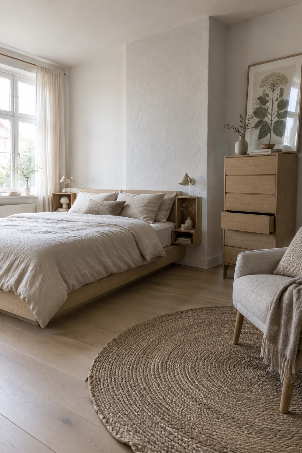 Minimalist bedroom with light wood bed, beige linens, woven rug, and wooden dresser