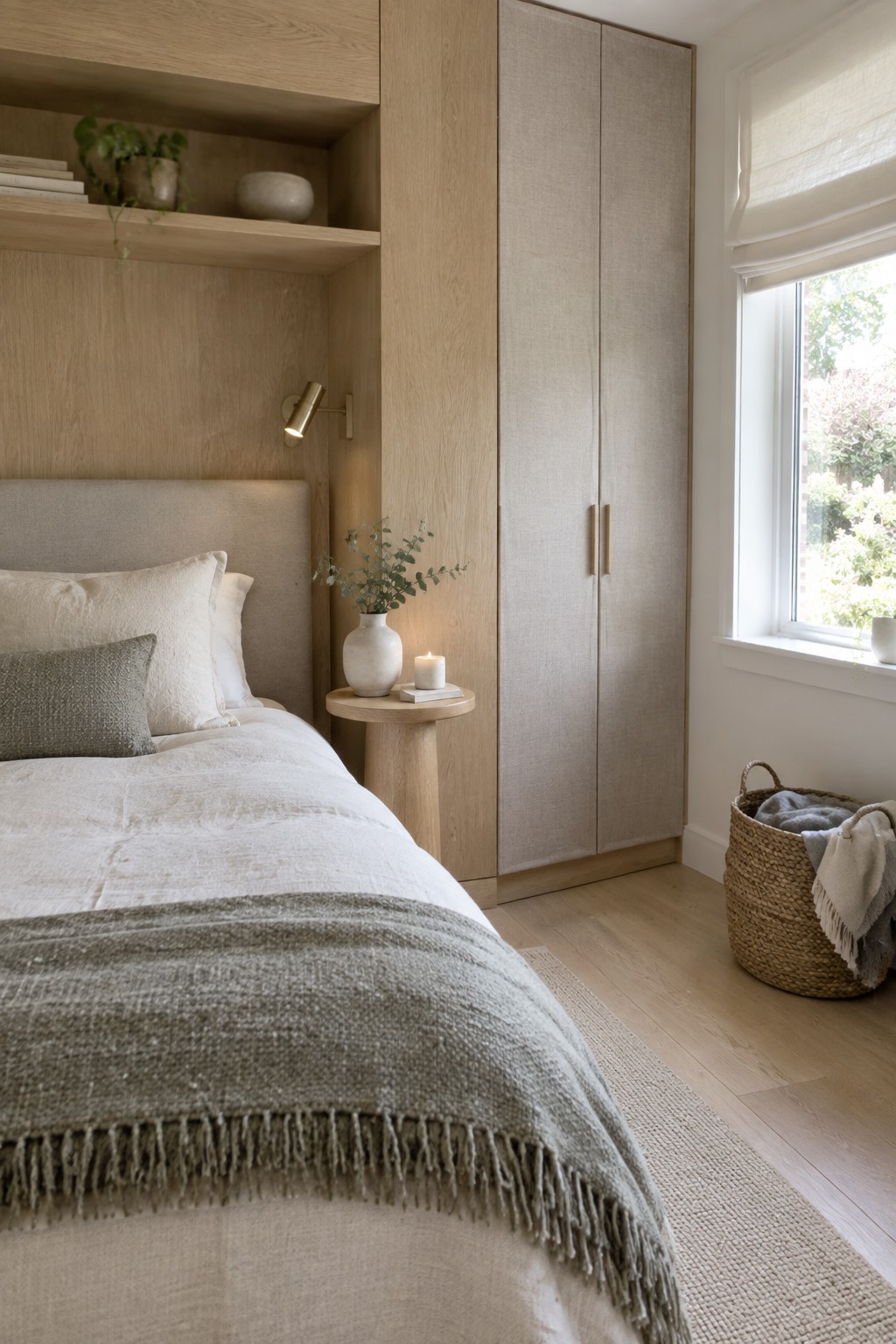A bedroom interior showing a light wood built-in wardrobe next to a bed with white linens and a gray wool throw, a small round wooden side table with a vase and candle, and open shelving above the bed.