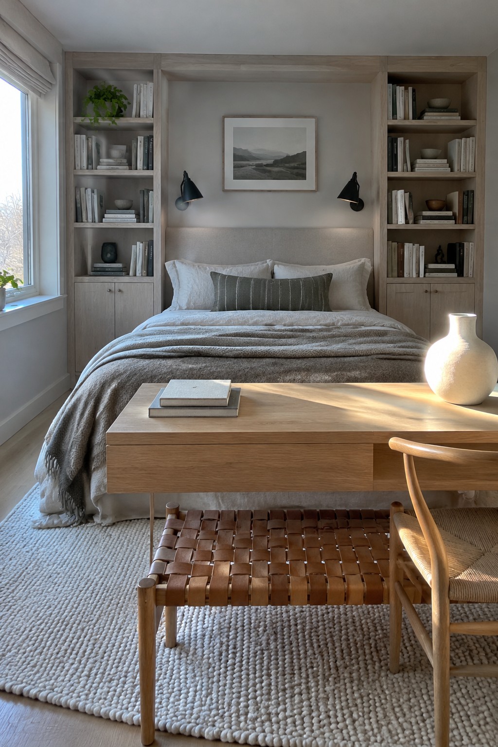 A bedroom with a bed centered between light wood built-in bookshelves filled with books, a wooden desk and woven chair in front, and a white textured rug on the floor.