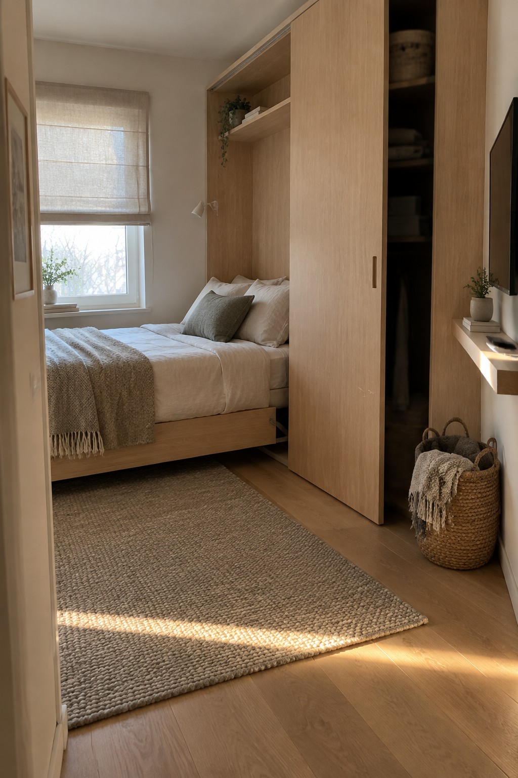 Sunlit bedroom with light wood bed, woven rug, open wardrobe, and beige linens