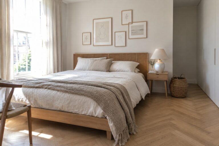 24 Timeless Scandinavian Bedroom Ideas with Light Wood and Wool Textures Neutral bedroom with wooden bed, white linens, beige knit throw, and framed line art