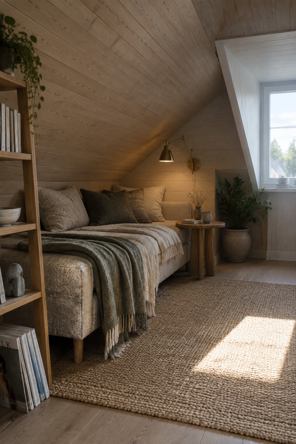 An attic bedroom with a daybed covered in wool blankets and pillows, light wood walls and ceiling, a small wooden side table, and a large woven rug.