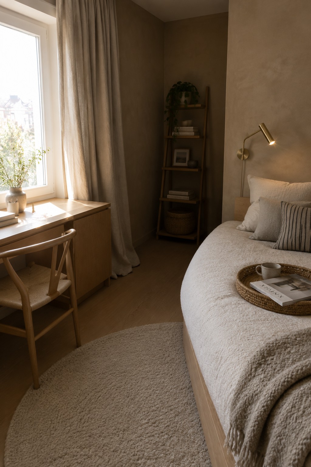 A bedroom interior with a light wood desk and chair near a window, a bed with white wool bedding and a tray, a round wool rug on the floor, and a tall wooden ladder shelf against the wall.