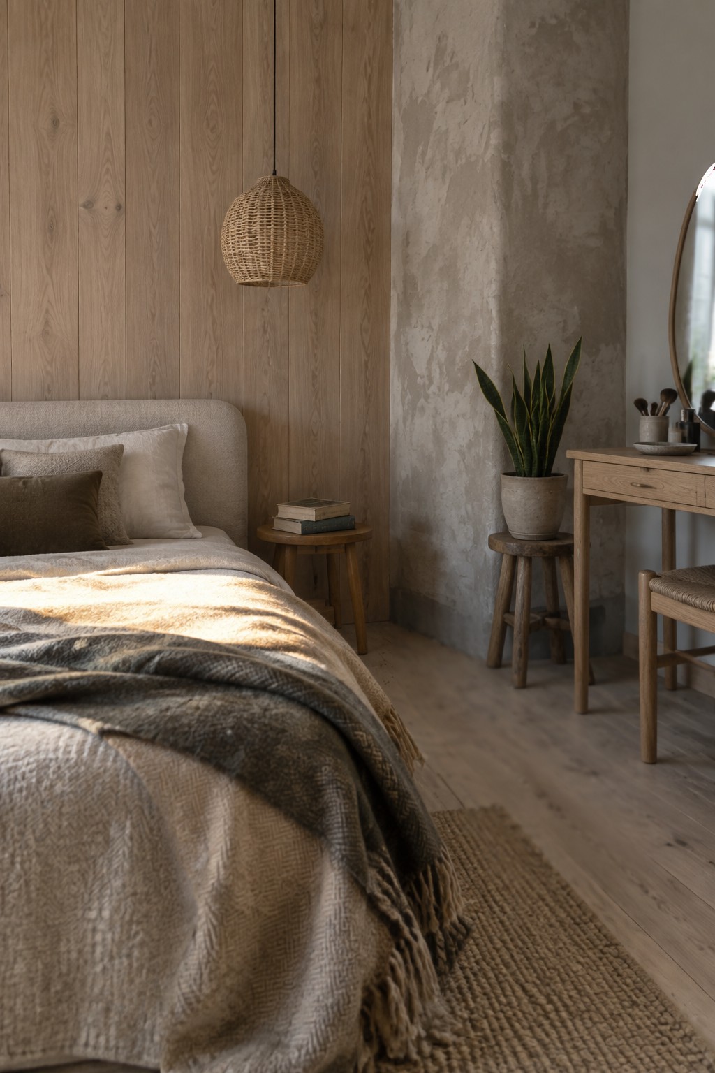 A bedroom featuring light wood wall panels, a bed with layered wool blankets, a woven pendant light, a wooden stool with books, and a potted snake plant near a vanity.