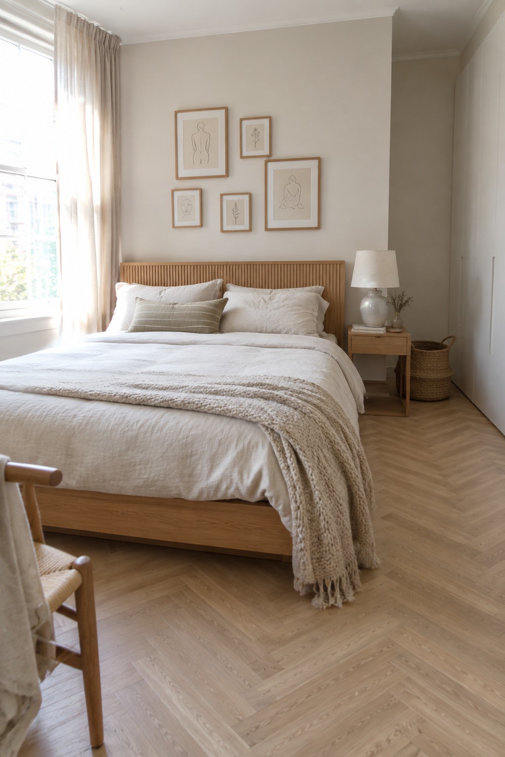Neutral bedroom with wooden bed, white linens, beige knit throw, and framed line art