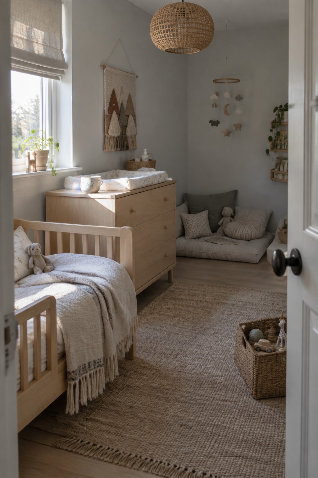A Scandinavian nursery with a light wood crib, matching dresser with changing pad, large woven rug, and neutral floor cushions under a woven pendant light.