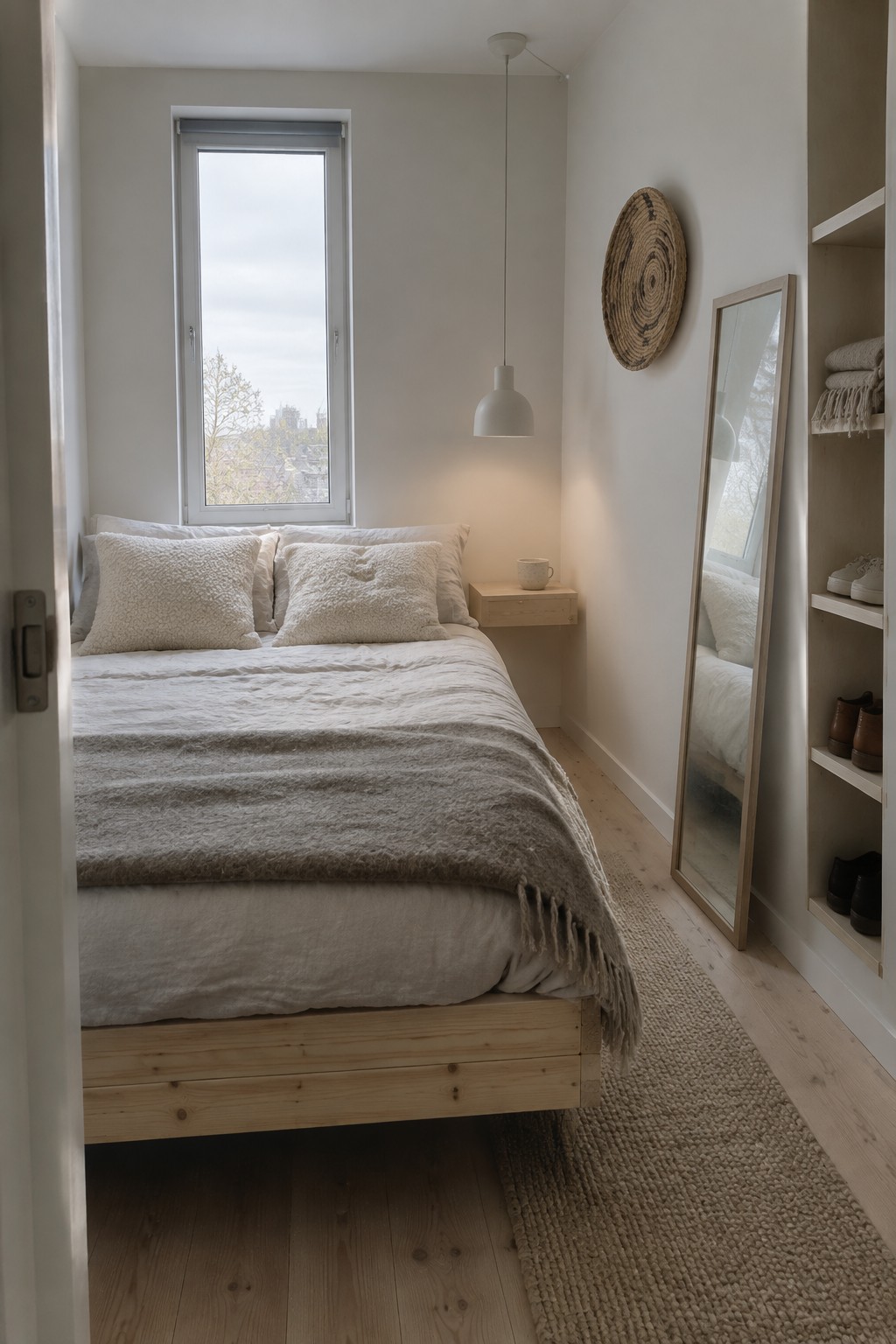 A bedroom with a light wood platform bed covered in white linen and a beige wool throw, two textured pillows, a floating nightstand, a tall mirror, and a window above the bed.