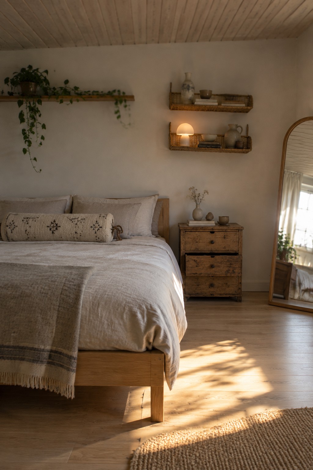 A bedroom with a light wood bed frame, white bedding, a striped wool throw, a wooden nightstand with drawers, woven wall shelves, and a full-length mirror on light wood flooring.