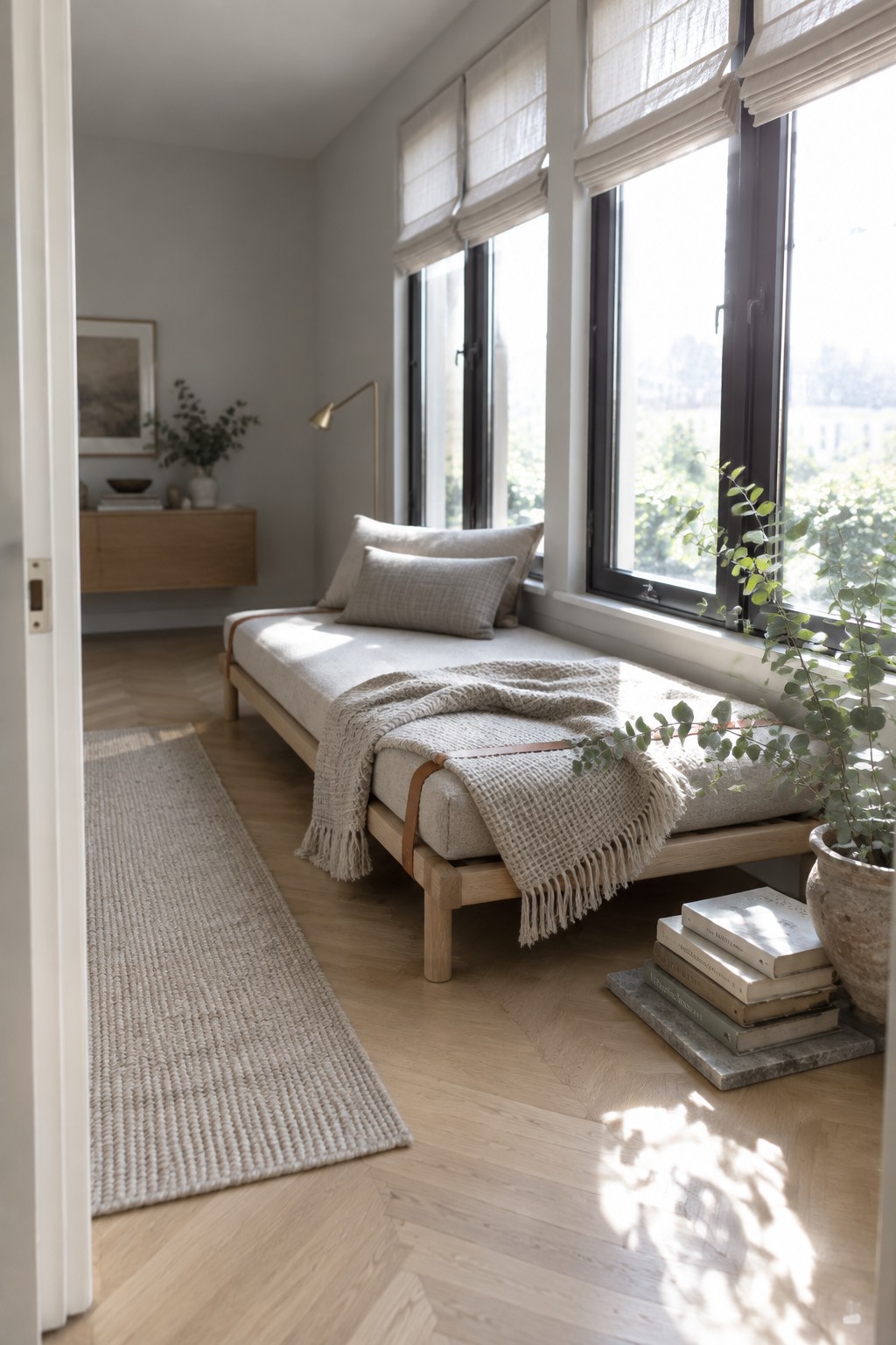A light wood daybed with a fringed wool throw and neutral pillows sits under tall windows in a minimalist bedroom with herringbone flooring and a woven runner.
