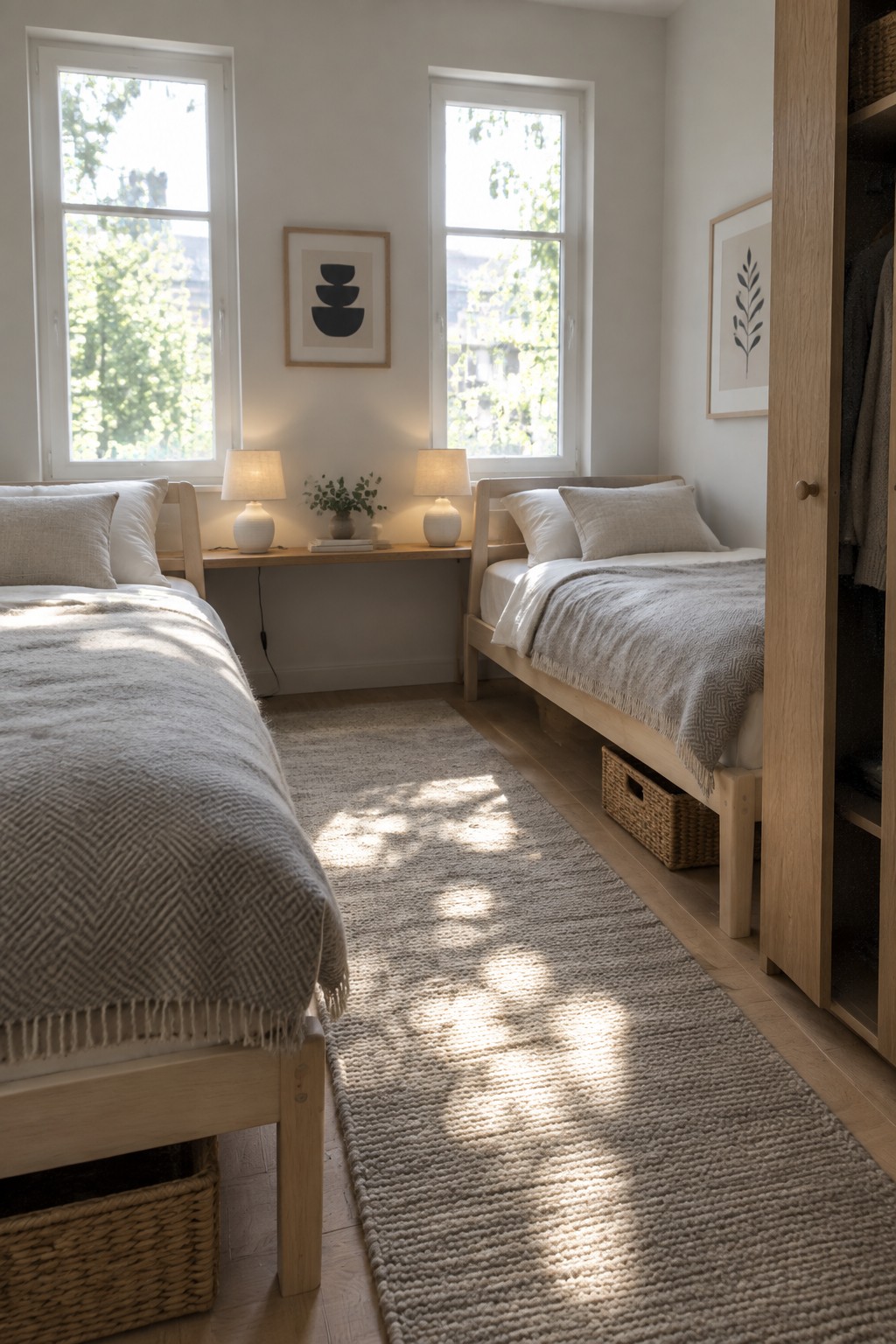 Two light wood twin beds with gray wool blankets stand on a woven rug in a bright room with white walls and two windows.