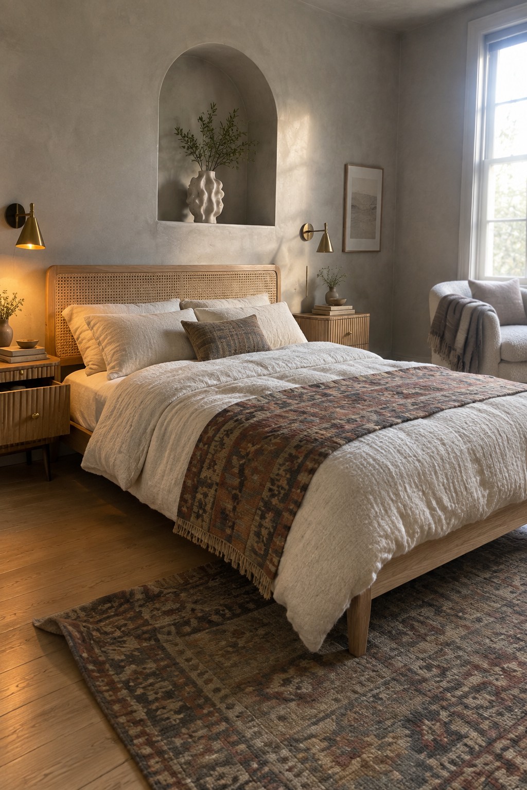 A bedroom with a light wood bed frame and woven headboard, white bedding, a patterned wool throw blanket, wooden nightstands, and layered rugs on a wood floor.